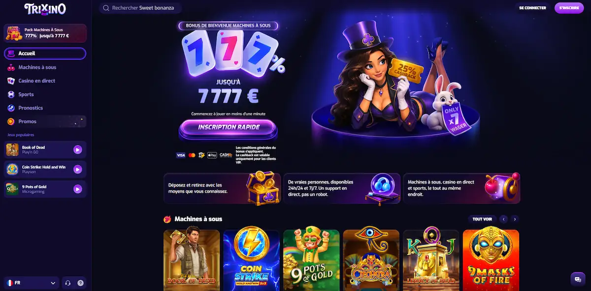 Lobby de Trixino Casino sur ordinateur : bonus de bienvenue 777 %, machines à sous Book of Dead, Coin Strike et 9 Pots of Gold