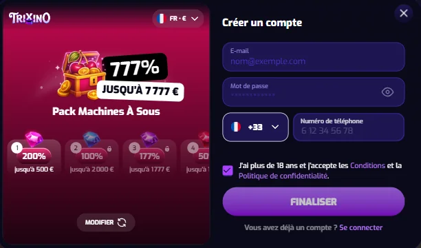 Fenêtre d'inscription Trixino : e-mail, mot de passe, numéro de téléphone, et pack machines à sous 777 % jusqu'à 7 777 € présélectionné