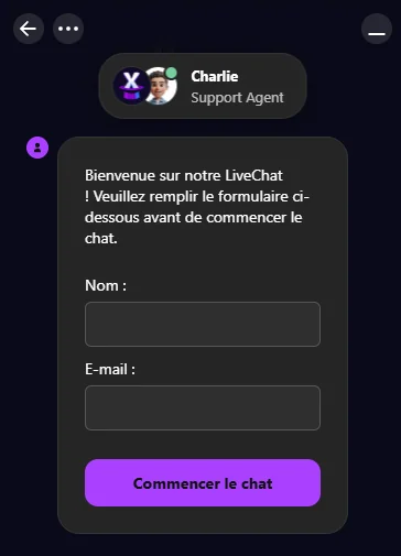 Fenêtre du chat en direct Trixino avec le formulaire nom et e-mail à remplir avant de commencer la conversation